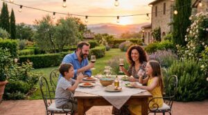 Una cena all'aperto serena e priva di insetti in un giardino fiorito, dove una famiglia si gode il pasto senza il disturbo delle zanzare.