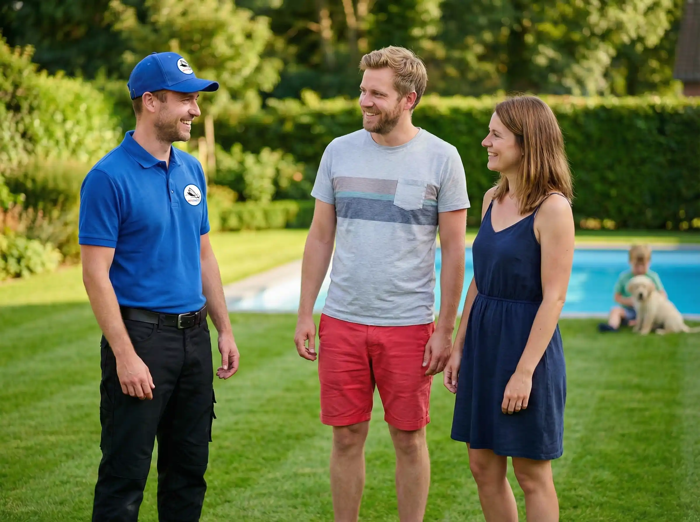 Un tecnico sorridente in divisa blu con logo aziendale parla con una giovane coppia in un giardino curato con piscina. Sullo sfondo si vede un bambino che gioca con un cane sul prato, comunicando un senso di sicurezza e serenità familiare.