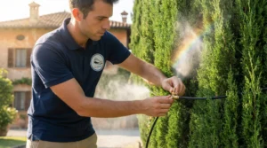 Uomo sulla trentina che posiziona ugelli per sistema antizanzare