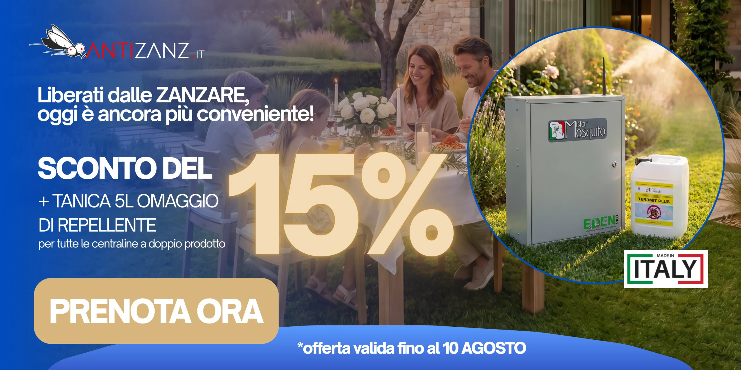 Impianto antizanzare a nebulizzazione installato lungo il perimetro di un giardino