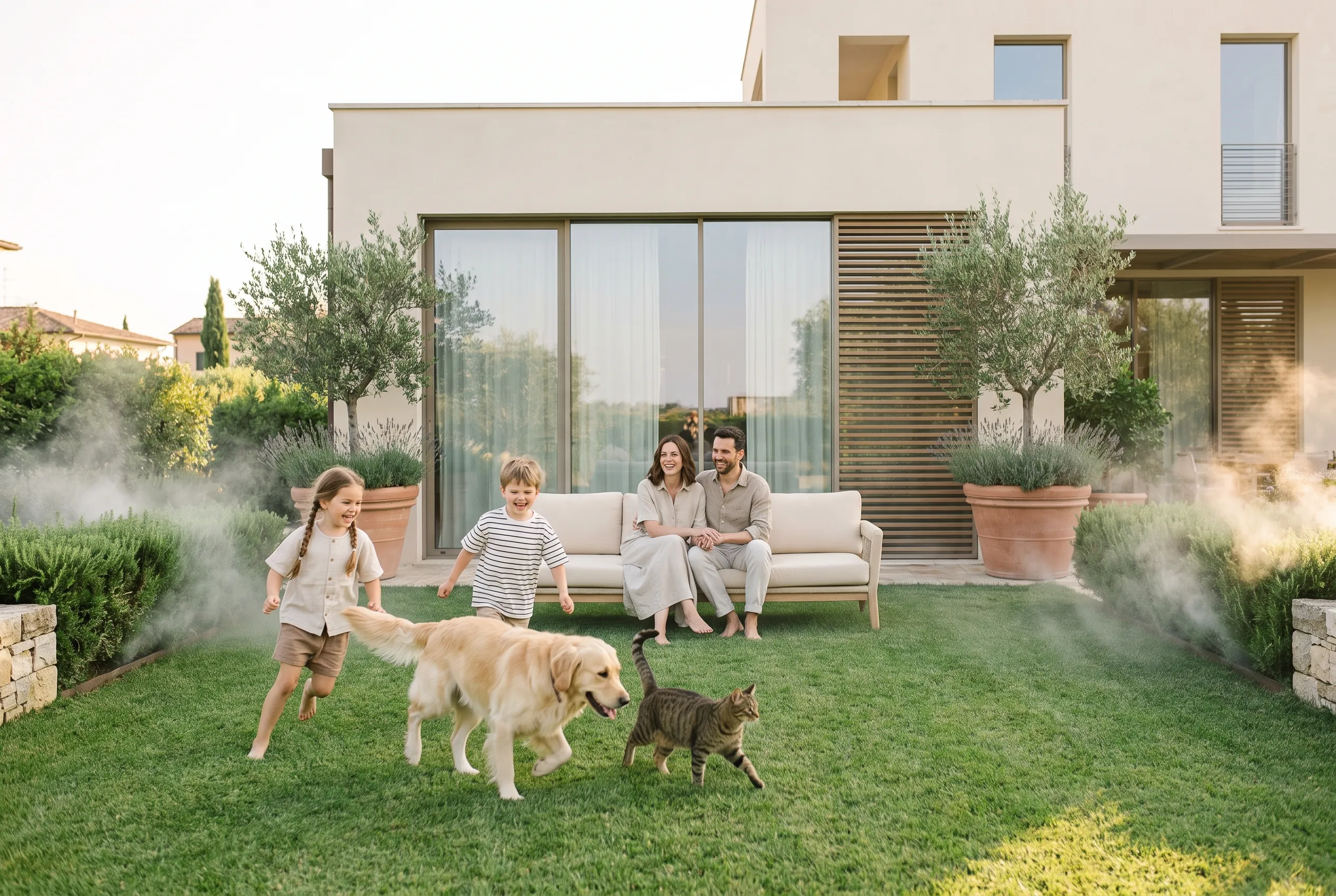 Famiglia in giardino con bambini, cane e gatto mentre l'impianto antizanzare nebulizza lungo le siepi