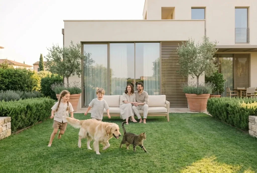 Famiglia con bambini, cane e gatto nel giardino di casa protetto da un impianto antizanzare sicuro